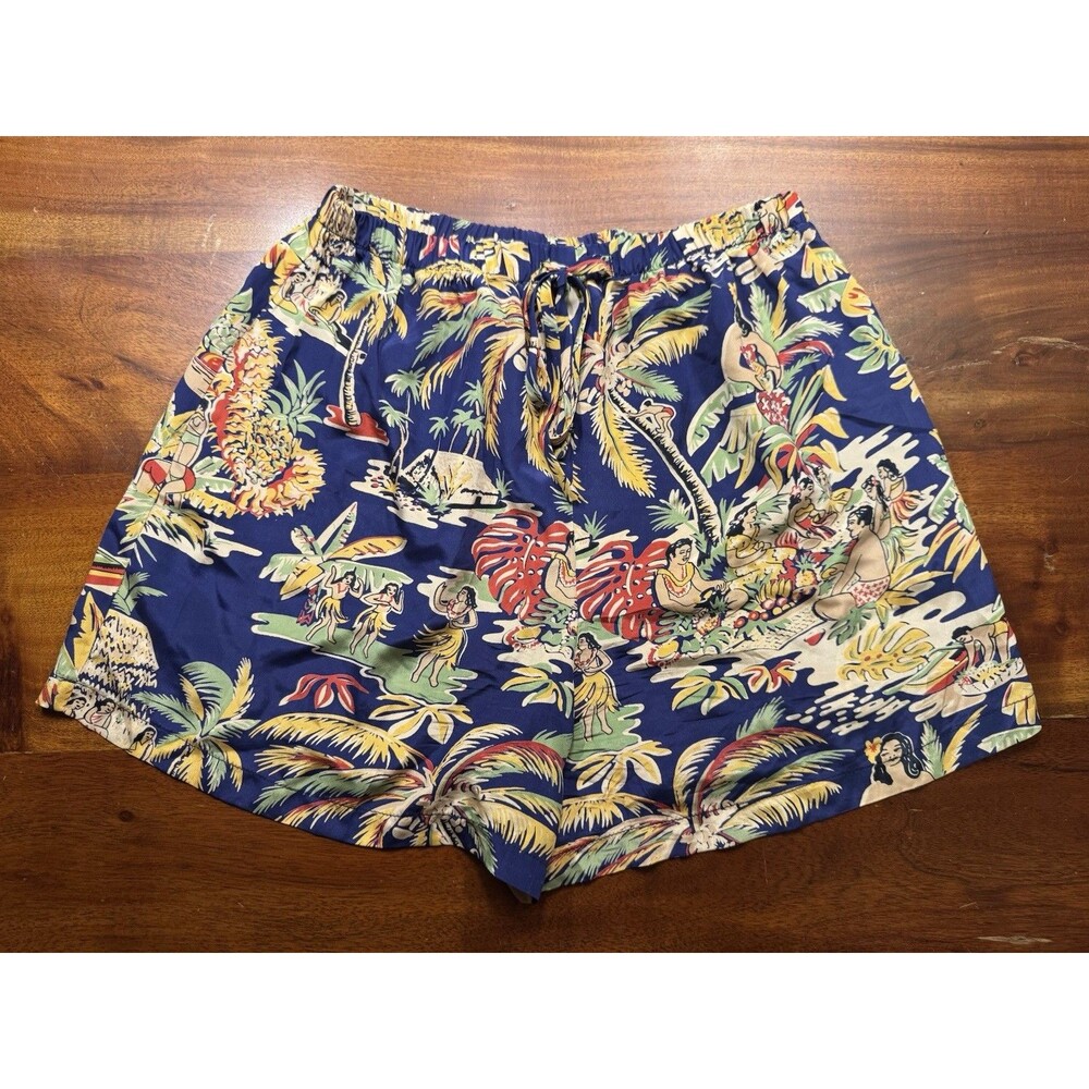 Vtg Avanti Silk Hawaiian Shorts M Men Blue Hula Girls Palms Postcard Retro Beach